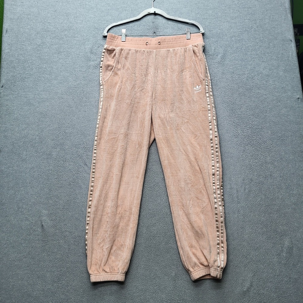 Adidas Women Pants L Pink Trefoil Embroidery Velour Jogger Track Pants READ
